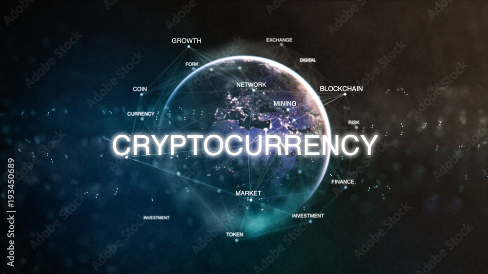 Technology earth from space word set with cryptocurrency in focus. Futuristic bitcoin crypto currency oriented words cloud 3D illustration. Crypto e-business keywords concept